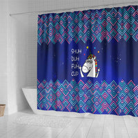 Funny Unicorn Shower Curtain with Shuh Duh Fuh Cup Quote Blue Geometric and Cartoon - Wonder Print Shop
