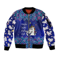 Funny Unicorn Sleeve Zip Bomber Jacket with Shuh Duh Fuh Cup Quote Blue Geometric and Cartoon - Wonder Print Shop