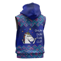 Funny Unicorn Sleeveless Hoodie with Shuh Duh Fuh Cup Quote Blue Geometric and Cartoon - Wonder Print Shop