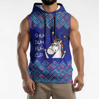 Funny Unicorn Sleeveless Hoodie with Shuh Duh Fuh Cup Quote Blue Geometric and Cartoon - Wonder Print Shop