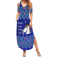 Funny Unicorn Summer Maxi Dress with Shuh Duh Fuh Cup Quote Blue Geometric and Cartoon - Wonder Print Shop