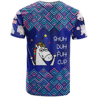 Funny Unicorn T Shirt with Shuh Duh Fuh Cup Quote Blue Geometric and Cartoon - Wonder Print Shop