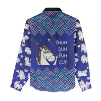 Funny Unicorn Women Casual Shirt with Shuh Duh Fuh Cup Quote Blue Geometric and Cartoon - Wonder Print Shop