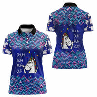 Funny Unicorn Women Polo Shirt with Shuh Duh Fuh Cup Quote Blue Geometric and Cartoon - Wonder Print Shop