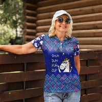 Funny Unicorn Women Polo Shirt with Shuh Duh Fuh Cup Quote Blue Geometric and Cartoon - Wonder Print Shop