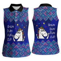 Funny Unicorn Women Sleeveless Polo Shirt with Shuh Duh Fuh Cup Quote Blue Geometric and Cartoon - Wonder Print Shop