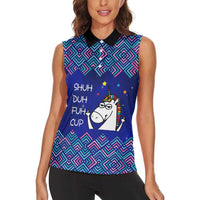Funny Unicorn Women Sleeveless Polo Shirt with Shuh Duh Fuh Cup Quote Blue Geometric and Cartoon - Wonder Print Shop
