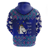 Funny Unicorn Zip Hoodie with Shuh Duh Fuh Cup Quote Blue Geometric and Cartoon - Wonder Print Shop
