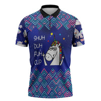 Funny Unicorn Zipper Polo Shirt with Shuh Duh Fuh Cup Quote Blue Geometric and Cartoon - Wonder Print Shop