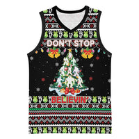 Christmas Unicorn Basketball Jersey with Don't Stop Believin Quote Tree Lights and Festive - Wonder Print Shop
