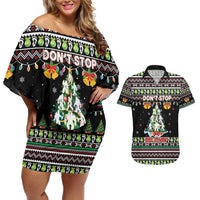Christmas Unicorn Couples Matching Off Shoulder Short Dress and Hawaiian Shirt with Don't Stop Believin Quote Tree Lights and Festive - Wonder Print Shop