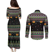Christmas Unicorn Couples Matching Puletasi and Long Sleeve Button Shirt with Don't Stop Believin Quote Tree Lights and Festive - Wonder Print Shop