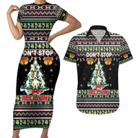 Christmas Unicorn Couples Matching Short Sleeve Bodycon Dress and Hawaiian Shirt with Don't Stop Believin Quote Tree Lights and Festive - Wonder Print Shop
