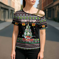 Christmas Unicorn Cross Shoulder Shirt with Don't Stop Believin Quote Tree Lights and Festive - Wonder Print Shop