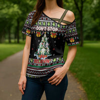 Christmas Unicorn Cross Shoulder Shirt with Don't Stop Believin Quote Tree Lights and Festive - Wonder Print Shop