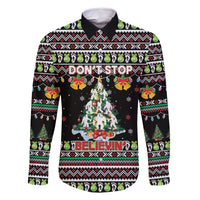 Christmas Unicorn Family Matching Off Shoulder Short Dress and Hawaiian Shirt with Don't Stop Believin Quote Tree Lights and Festive - Wonder Print Shop