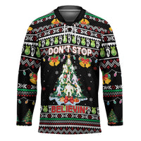 Christmas Unicorn Hockey Jersey with Don't Stop Believin Quote Tree Lights and Festive - Wonder Print Shop