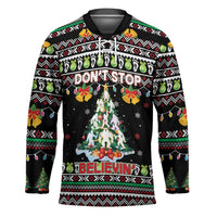 Christmas Unicorn Hockey Jersey with Don't Stop Believin Quote Tree Lights and Festive - Wonder Print Shop
