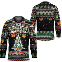 Christmas Unicorn Hockey Jersey with Don't Stop Believin Quote Tree Lights and Festive - Wonder Print Shop