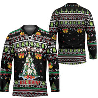 Christmas Unicorn Hockey Jersey with Don't Stop Believin Quote Tree Lights and Festive - Wonder Print Shop