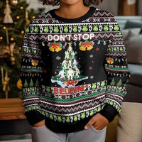 Christmas Unicorn Kid Ugly Christmas Sweater with Don't Stop Believin Quote Tree Lights and Festive - Wonder Print Shop