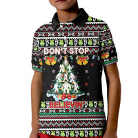 Christmas Unicorn Kid Polo Shirt with Don't Stop Believin Quote Tree Lights and Festive - Wonder Print Shop