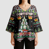 Christmas Unicorn Kimono Sleeve Blouse with Don't Stop Believin Quote Tree Lights and Festive - Wonder Print Shop