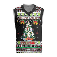 Christmas Unicorn Christmas Knitted V-Neck Vest with Don't Stop Believin Quote Tree Lights and Festive - Wonder Print Shop