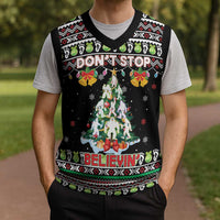 Christmas Unicorn Christmas Knitted V-Neck Vest with Don't Stop Believin Quote Tree Lights and Festive - Wonder Print Shop