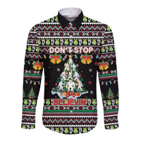 Christmas Unicorn Long Sleeve Button Shirt with Don't Stop Believin Quote Tree Lights and Festive - Wonder Print Shop