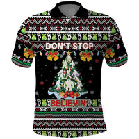 Christmas Unicorn Polo Shirt with Don't Stop Believin Quote Tree Lights and Festive - Wonder Print Shop