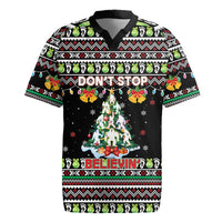 Christmas Unicorn Rugby Jersey with Don't Stop Believin Quote Tree Lights and Festive - Wonder Print Shop