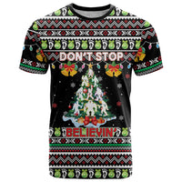 Christmas Unicorn T Shirt with Don't Stop Believin Quote Tree Lights and Festive - Wonder Print Shop