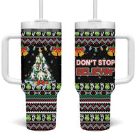 Christmas Unicorn Tumbler With Handle with Don't Stop Believin Quote Tree Lights and Festive - Wonder Print Shop