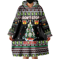 Christmas Unicorn Wearable Blanket Hoodie with Don't Stop Believin Quote Tree Lights and Festive - Wonder Print Shop