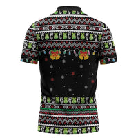 Christmas Unicorn Zipper Polo Shirt with Don't Stop Believin Quote Tree Lights and Festive - Wonder Print Shop