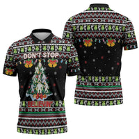 Christmas Unicorn Zipper Polo Shirt with Don't Stop Believin Quote Tree Lights and Festive - Wonder Print Shop