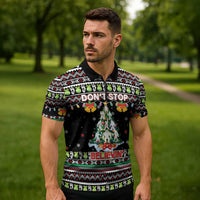 Christmas Unicorn Zipper Polo Shirt with Don't Stop Believin Quote Tree Lights and Festive - Wonder Print Shop