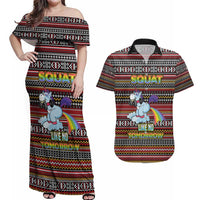 Funny Unicorn Workout Couples Matching Off Shoulder Maxi Dress and Hawaiian Shirt with Squat Like No Tomorrow Quote and Rainbow Tribal - Wonder Print Shop
