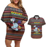 Funny Unicorn Workout Couples Matching Off Shoulder Short Dress and Hawaiian Shirt with Squat Like No Tomorrow Quote and Rainbow Tribal - Wonder Print Shop