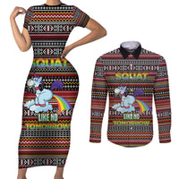 Funny Unicorn Workout Couples Matching Short Sleeve Bodycon Dress and Long Sleeve Button Shirt with Squat Like No Tomorrow Quote and Rainbow Tribal - Wonder Print Shop