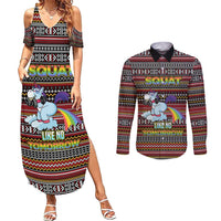 Funny Unicorn Workout Couples Matching Summer Maxi Dress and Long Sleeve Button Shirt with Squat Like No Tomorrow Quote and Rainbow Tribal - Wonder Print Shop