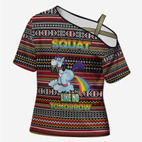 Funny Unicorn Workout Cross Shoulder Shirt with Squat Like No Tomorrow Quote and Rainbow Tribal - Wonder Print Shop