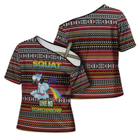 Funny Unicorn Workout Cross Shoulder Shirt with Squat Like No Tomorrow Quote and Rainbow Tribal - Wonder Print Shop