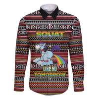 Funny Unicorn Workout Family Matching Off The Shoulder Long Sleeve Dress and Hawaiian Shirt with Squat Like No Tomorrow Quote and Rainbow Tribal - Wonder Print Shop