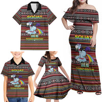 Funny Unicorn Workout Family Matching Off Shoulder Maxi Dress and Hawaiian Shirt with Squat Like No Tomorrow Quote and Rainbow Tribal - Wonder Print Shop