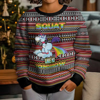 Funny Unicorn Workout Kid Ugly Christmas Sweater with Squat Like No Tomorrow Quote and Rainbow Tribal - Wonder Print Shop