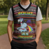 Funny Unicorn Workout Christmas Knitted V-Neck Vest with Squat Like No Tomorrow Quote and Rainbow Tribal - Wonder Print Shop