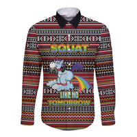 Funny Unicorn Workout Long Sleeve Button Shirt with Squat Like No Tomorrow Quote and Rainbow Tribal - Wonder Print Shop