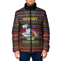 Funny Unicorn Workout Padded Jacket with Squat Like No Tomorrow Quote and Rainbow Tribal - Wonder Print Shop